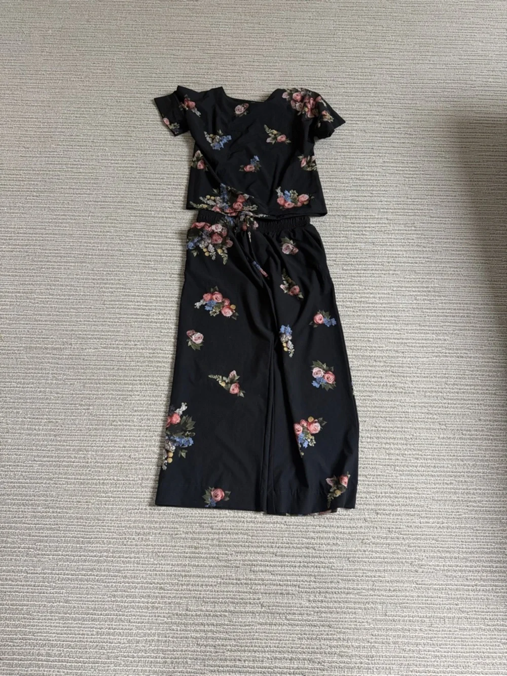 Black Floral Two-Piece Set - Relaxed Top & Wide Leg Pants - Picture 1 of 4